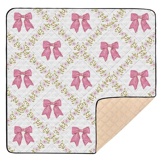 Baby Play Mat Bows Small Flowers Checkered Pink 50 x 50 Playpen Mat Baby Play Mats for Floor Play Gym Crawling Mat Non-Slip Cushioned Baby Playmat for Infants, Babies, Toddlers