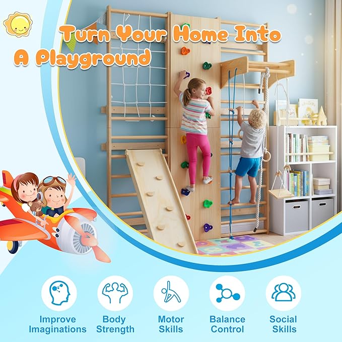 ZMAD Swedish Ladder Wall Gym & Climber – Featuring a Rock Climbing Wall, Wooden Swings, Gymnastic Rings, Rope Ladders, and Stretching Equipment for Indoor Playground， Spring 2026 (10-in-1)
