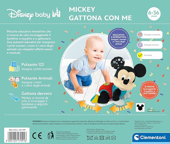 Clementoni Disney Baby Mickey Cat with Me - Plush Animal Disney Italian Speaking, Songs and Children's Rhymes, Children's Play 6 Months to Crawl, First Steps, Music Activity Center, 17991