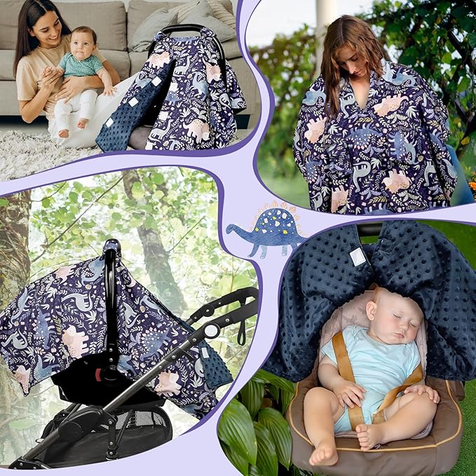 Pea Pod Baby Car Seat Cover, Breathable Infant Carseat Cover for Summer Peekaboo Opening Car Seat Canopy Cover, Nursing Cover for Baby Boys Girls (Blue Dinosaurs)