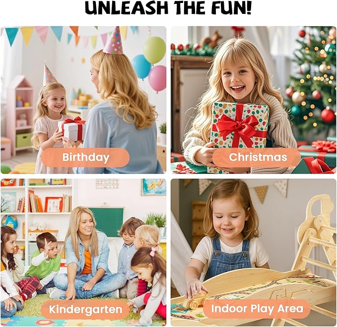 Pikler Triangle Climbing Set with Cushion, Foldable Climbing Toys Indoor, Montessori Toddler Gym, 10-in-1 Climber & Playground, Gift for Christmas, Birthday, New Year (Woodland Cabin)