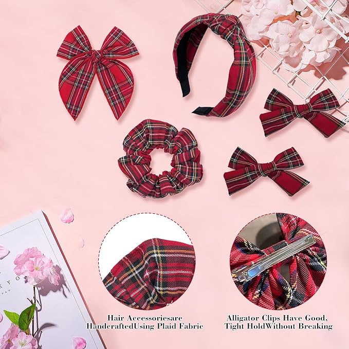 5 Pcs Plaid Headband Set - Padded Scrunchies Bow, Christmas Hair Clips Accessories for Girls (Red)