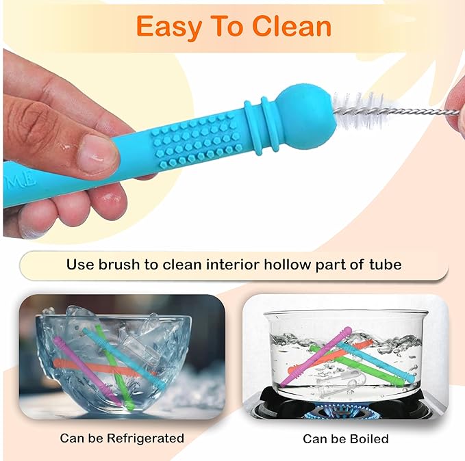 Baby Teether Tubes - Pack of 4 Hollow Teething Sticks with 1 Cleaning Brush & Toothbrush - 100% Food Grade Silicone, BPA Free, and Dishwasher Safe - 4 Vibrant Colors for 6-18 Months Babies