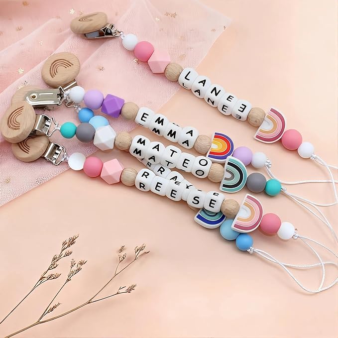 Personalized Pacifier Clip with Name Custom Stroller Clip Silicone Pacifier Chain Holder Clips (Rainbow)