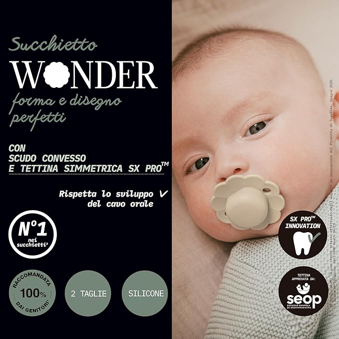 Suavinex Wonder Baby Pacifier, SX Pro Silicone Nipple, Reversible, Non Irritating Shield Design, 2Pk Pacifiers 6-18 Months, Made in Europe, Cloud/Lake