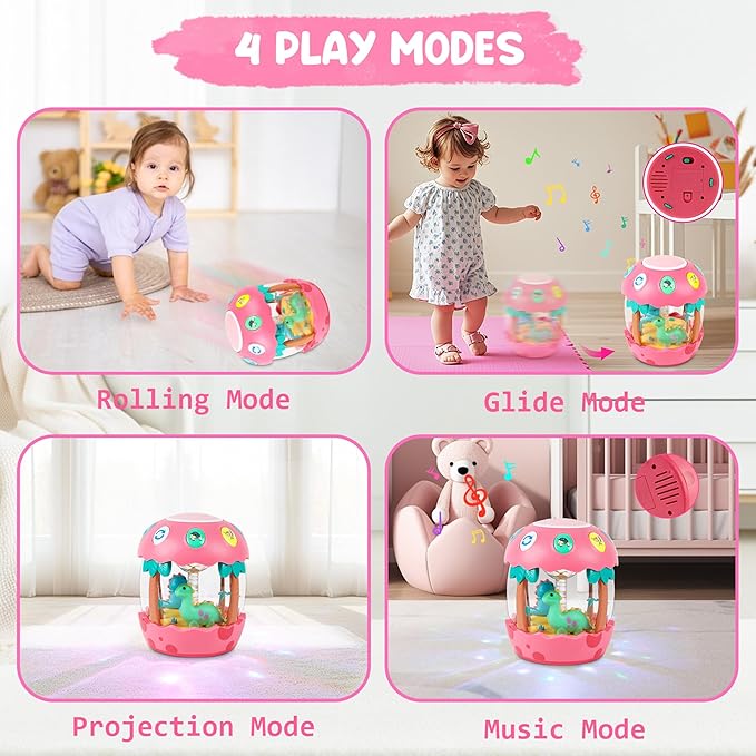 M SANMERSEN Baby Girl Toys 6-12 Months, Dinosaur Rotating Light Up Musical Baby Toys for 0-6 12-18 Months Newborn Infant Crawling Tummy Time Toys, Birthday Easter Gifts for Baby Girls- Pink