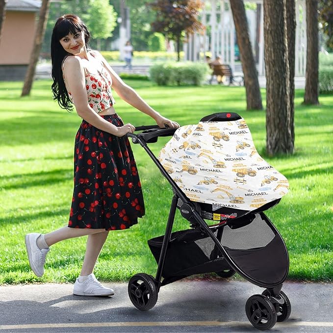 Personalized Baby Car Seat Cover for Boys, Custom Nursing Covers for Breastfeeding with Name, Construction Infant Stroller Cover, Baby Carseat Canopy for Newborn, Multiuse Car Seat Canopies