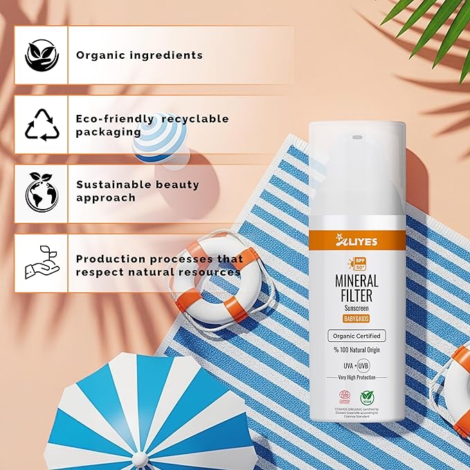 ALIYES SPF 50+ Organic Baby&Kids Mineral Sunscreen – Safe for Babies - Water Resistant Sun Cream – Broad Spectrum UVA/UVB Sun Protection – Vegan Baby Sunscreen Lotion, 1.69 FL