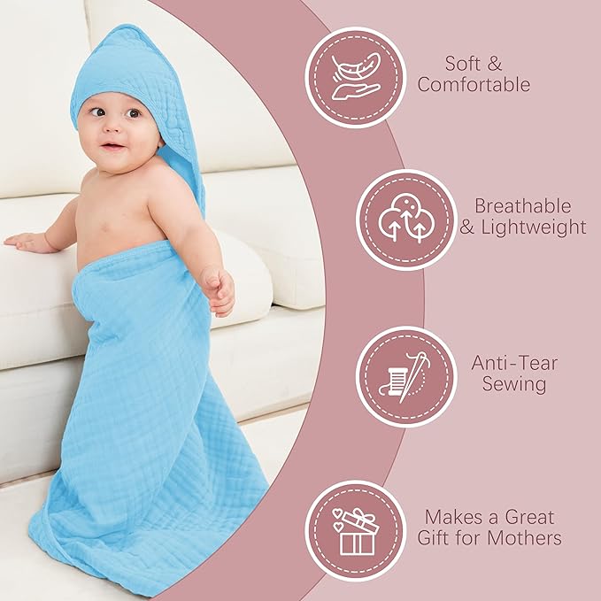 MOON PARK 2 Pack Muslin Hooded Baby Bath Towels for Newborns, Infants, Toddlers - 100% Cotton - Large 32x32Inch Size - Highly Absorbent and Essential, White and Aqua