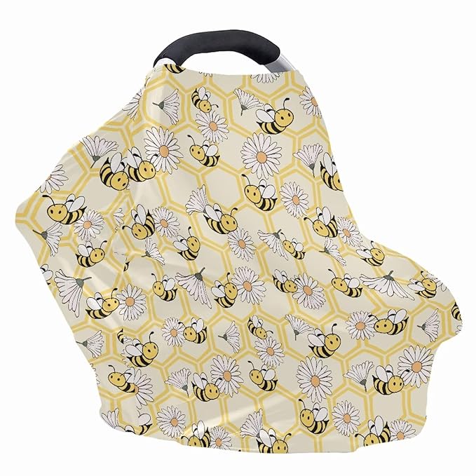 Wanyint Baby Car Seat Covers Carseat Canopy for Boys Girls, Multi-Use Nursing Breastfeeding Covers Mothers Nursing Scarf Halloween Decoration, Bee Honeycomb Daisy Yellow