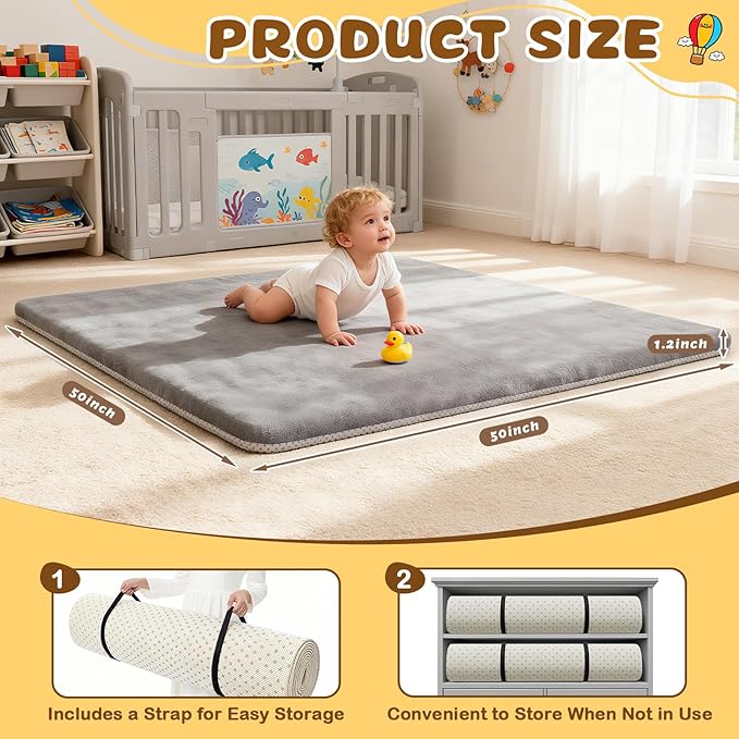Yozoia Baby Play Mat 50 x 50, Thick Baby Play Mat for Floor, Ultra Soft Playpen Mat, Machine Washable Tummy Time Foam, Non-Slip Bottom Helps Cushion, for Kids, Infant and Toddler Crawling