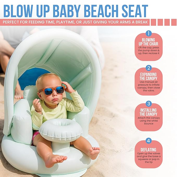 Inflatable Baby Seat for 3-36 Months w/Built-in Pump & Detachable Canopy, Sit Me Up Floor Seat for Baby w/Safety Straps, Inflatable Infant Chair, Indoor/Outdoor Blow Up Chair is Ideal Summer Gift