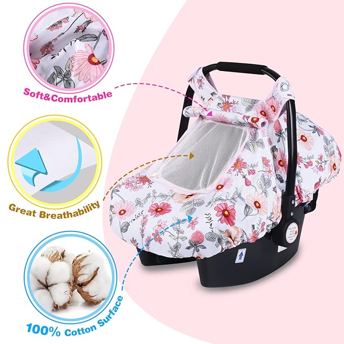 SMTTW Baby Car Seat Covers, Infant Car Canopy for Spring Summer Autumn Winter, Universal Fit, Snug Warm Breathable, Car Seat Canopy for Boys Girls (Pink Flower)