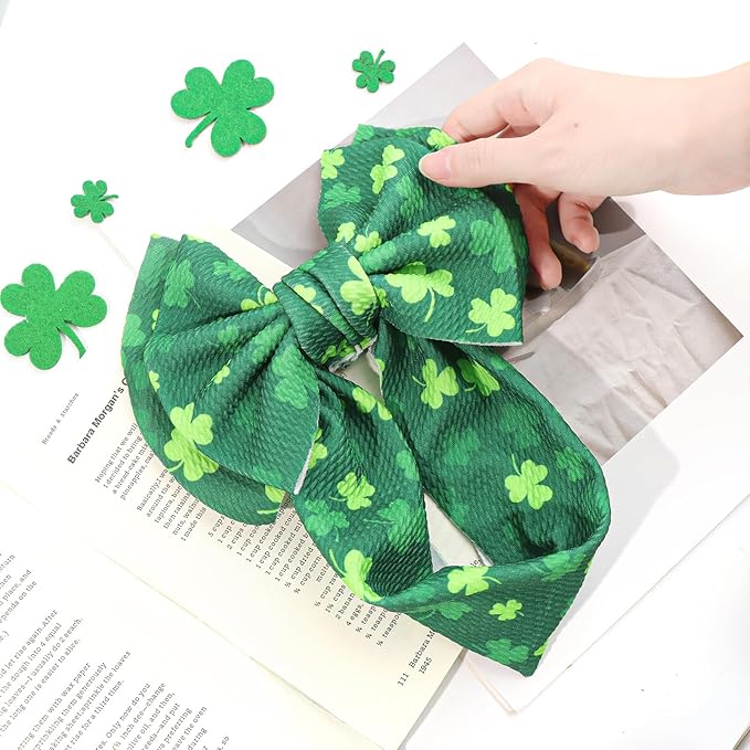 YanJie 7" St.Patrick's Day Large Bow for Baby Girl Headband Newborn Infant Kids Shamrock Double Layer Messy Bow Headwrap