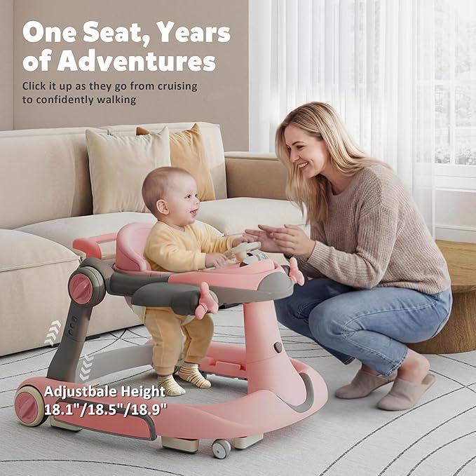 Todefull 7-in-1 Baby Walker with Wheels, Anti-Slip Base, Speed Control, 3 Level Adjustable Height with Music & Lights Box, Foldable Walkers for Babies 6-12 Months, Boys & Girls