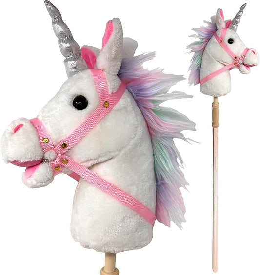 Playful Minds Stick Horse | Plush Handcrafted Hobby Horse Stick Pony Provides Fun Pretend Play for Toddlers & Preschoolers | Handsewn, Sturdy Wood, and Sound Effects (Unicorn)