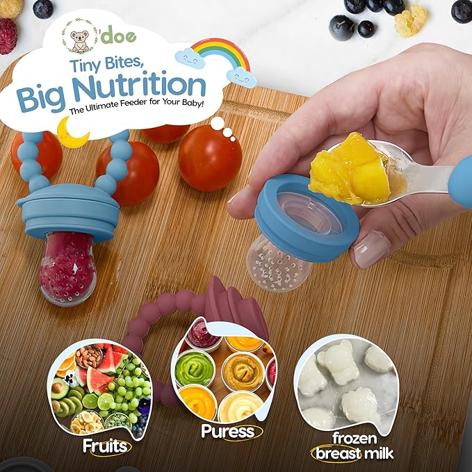 O’doe Fruit Feeder | Baby Fruit Feeder Pacifier with 1 Feeders and 3 Nipples | BPA-Free, Baby Food Feeder and Fruit Teether for Babies | Silicone Pacifier and Teething Soother | Ideal for Baby Feeding
