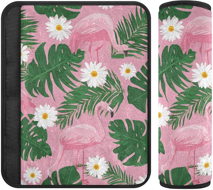 2 Pack Seatbelt Covers Seat Belt Cover Pad for Adults Boys Girls Car Seat Strap Covers Pads Cushion Universal Shoulder Strap Pad Protector for Backpack Camera Bag 10x7.7Inch Cute Pink Daisy Flamingos