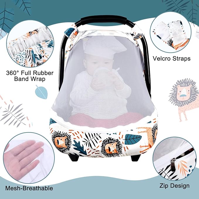 SWESEN Car Seat Covers for Babies, Lion Baby Car Seat Cover with Zipper Mesh, Carseat Cover Boy, Stretchy Infant Carseat Canopy, Animal