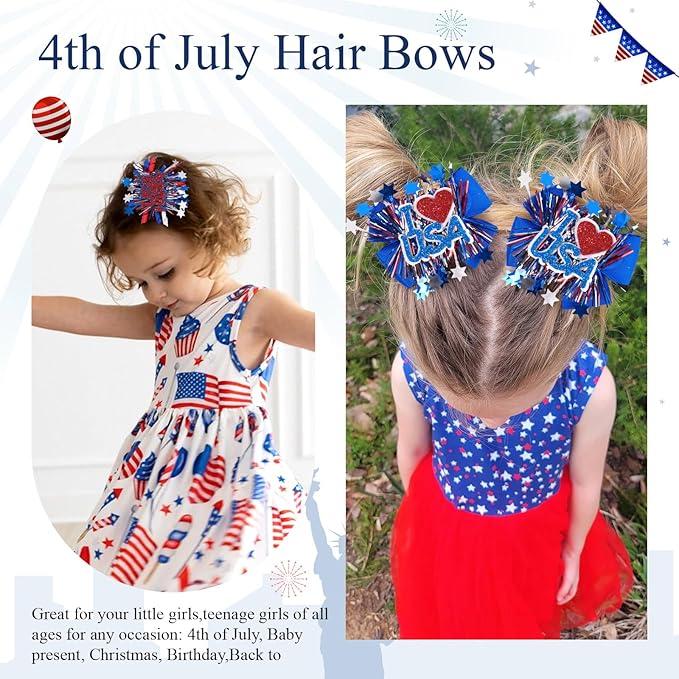 CN 4PCS 4th of July Hair Bows for Girls, Red White Blue USA Patriotic Hair Accessories, Amercian Flag Star Bows Clips for Girls Toddlers Teens for Independence Memorial Day Party Dress(Type A)