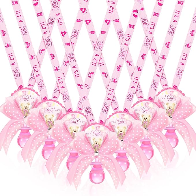 Hotop 36 Pcs Baby Shower Pacifier Necklace Bulk Bear Acrylic Pacifier Necklace for Baby Shower Charm Necklaces Party Favors for Girls Boys Gender Reveal Decoration Table Pieces(Pink,Girl)