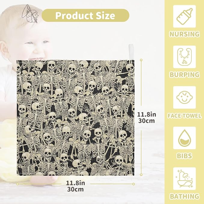 Newborn Face Towel Fun Skull Soft Cotton Baby Washcloths 11.8 x 11.8 Inch Infants Girls Boys Muslin Burp Cloths 5 Pack