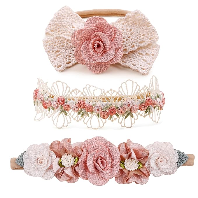 Baby Girl Flower Headbands and Bows, Stretchy Soft Nylon Floral Crown, 3pcs Handmade Hair Accessories for Newborn Infant Toddler