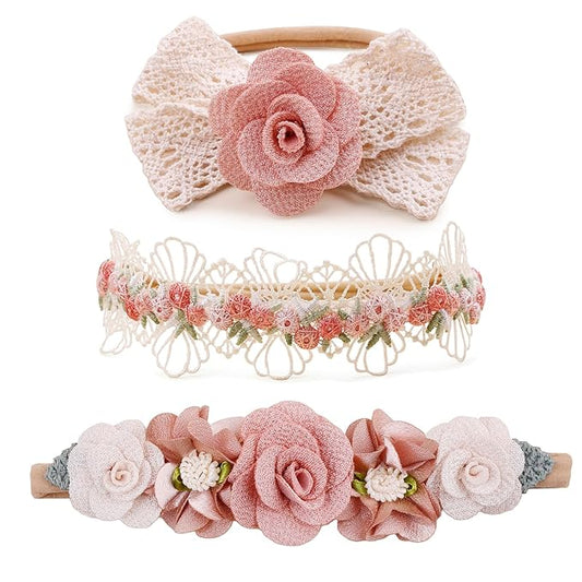 Baby Girl Flower Headbands and Bows, Stretchy Soft Nylon Floral Crown, 3pcs Handmade Hair Accessories for Newborn Infant Toddler
