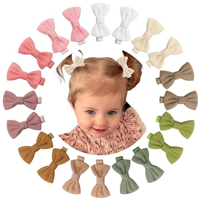 CÉLLOT 20Pcs Hair Clips Fully Lined 2 inch Bows Cotton and Linen Baby Hair Bows Hair Clips for Baby Girls Infants Toddlers and Kids