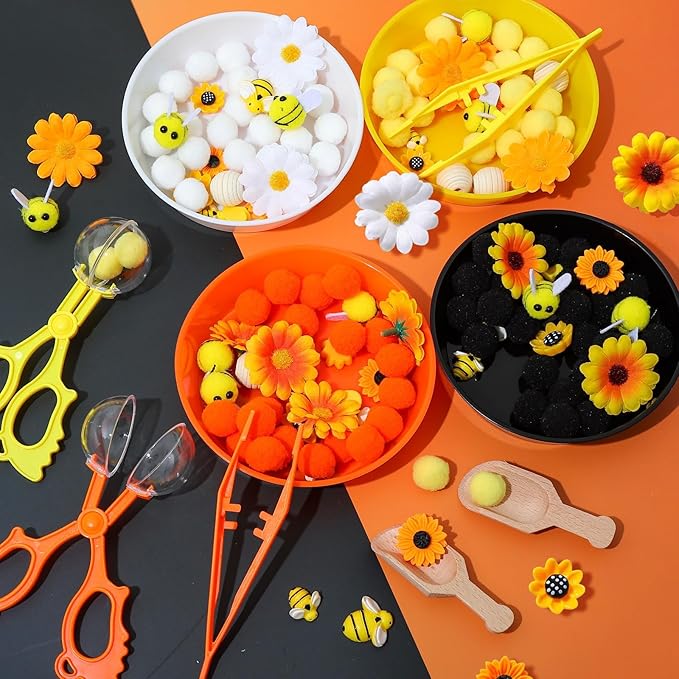 172 Pcs Sunflower Sensory Bin Filler Spring Summer Bee Honeycomb Counting Sorting Sensory Bin Items Fine Motor Sunflower Counts for Easter Day Spring Summer Sorting Counting Decor