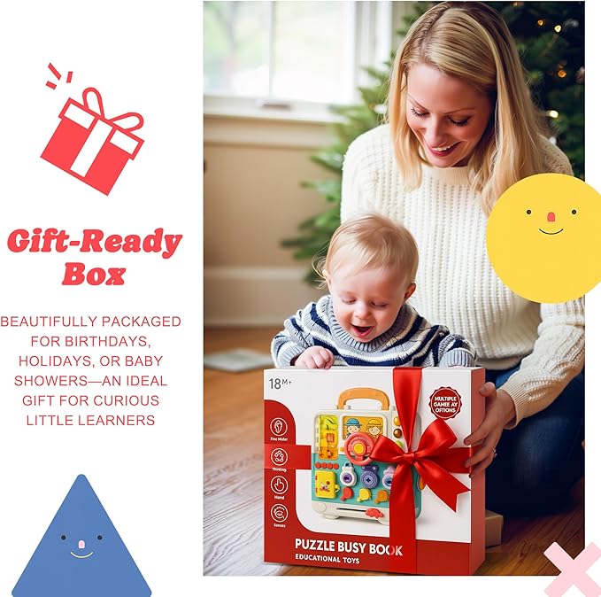 Montessori Busy Board for Toddlers 1-3, Baby Educational Activity Board with Lights & Music, Sensory Toys for Fine Motor Skills, Travel Toys for Airplane Cars, Gift for Boys Girls