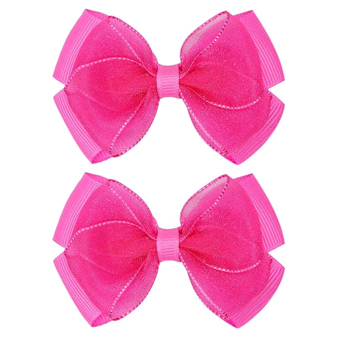 Tiny 3 Inch Organza Double Hair Bow Clips - Lined Boutique Alligator Hairpin for Baby Girls, Toddlers, and Little Teens - Kids Barrettes Set of 2 Small Stylish (Deep Hot Pink)