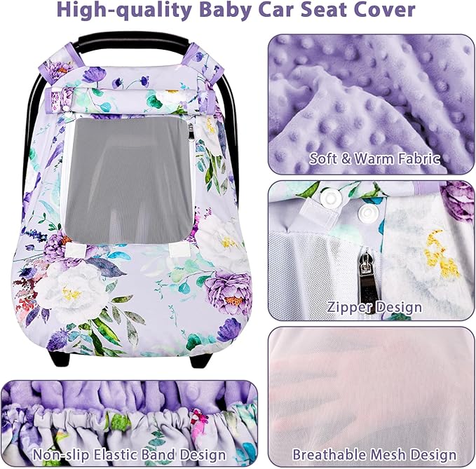 Infant Car Seat Insert & Car Seat Covers for Babies, Purple Baby Car Seat Head Support, Warm Infant Car Seat Cover, Windproof, Floral