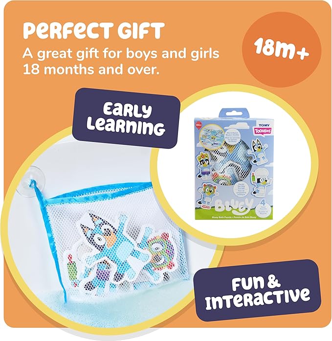 Tomy Toomies Bluey Bath Puzzle - Mix and Match Bluey Puzzle - Foam Toddler Bath Toys - Includes Mesh Bag Bath Toy Storage with Suction Cups - 8 Count - 18 Months and Up