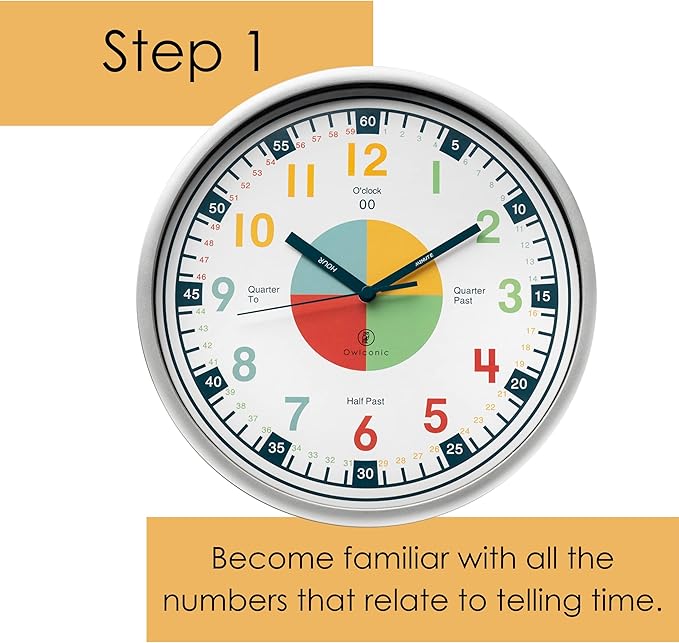 OWLCONIC Telling Time Teaching Clock - Bundled with Kids Watch. Learn to Tell Time Resources. Orange