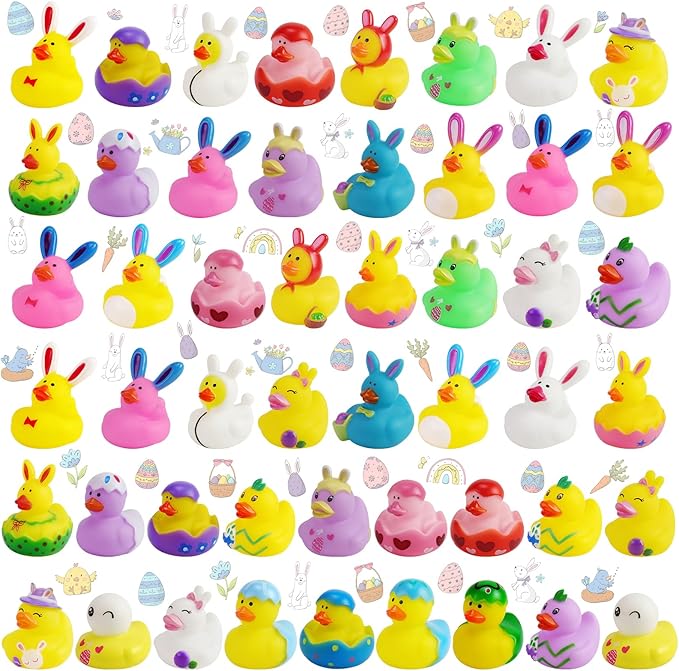 50Pcs Easter Rubber Ducks, Mini 2.1 Inch Bunny Rubber Duckies Bath Toys for Kids, Assorted Float Duck Bulk for Fun Bathtub Duck Toys Easter Ducks for Cruise and Easter Basket Stuffers and Party Favors