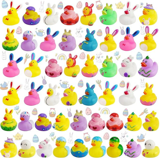 50Pcs Easter Rubber Ducks, Mini 2.1 Inch Bunny Rubber Duckies Bath Toys for Kids, Assorted Float Duck Bulk for Fun Bathtub Duck Toys Easter Ducks for Cruise and Easter Basket Stuffers and Party Favors