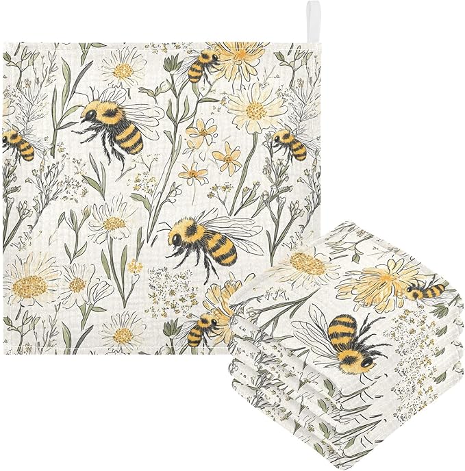 Bolaz Baby Gauze Towels for Kids Soft Handkerchief Newborn 100% Cotton Vintage Bee Absorbent 12x12 Inch 3 Pack