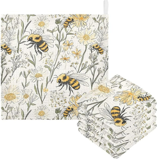 Bolaz Washcloths Set Bathroom Kitchen Wash Cloths Face Towels Wipes Vintage Bee Decorative 12x12 Inch 5 Pack