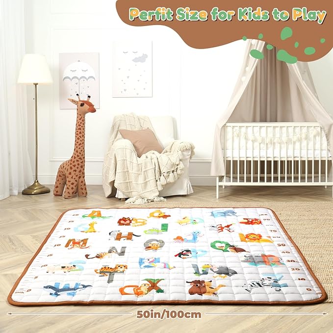 Percozzi Animal Baby Play Mat, ABC Alphabet, Words and Shapes Educational Learning & Fun, 50" X 50" Baby Playpen Mat, Animal Toddler Play Mat, Crawling Mat for Babies, Foldable Baby Play Gym Mat
