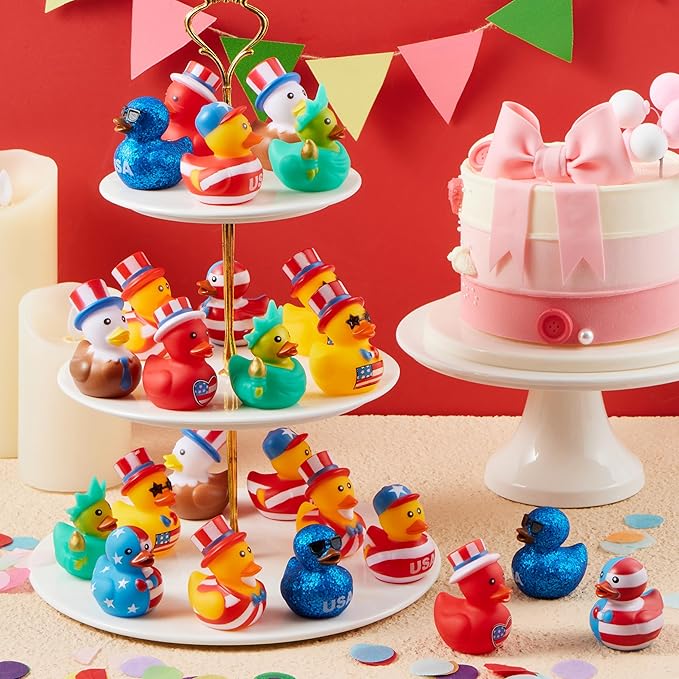 JOYIN 24 Pcs Patriotic Rubber Ducks, Red White Blue 4th of July Bulk Ducks with 8 Designs, Independence Day Duck with Flag Prints, Patriotic Party Favor Gift Bath Toy Supply for Kids Toddlers