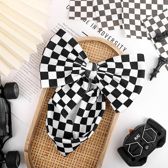 YanJie 7’’ Checkered Bow for Baby Girl Racing Bows Plaid Headbands for Newborns Infants Toddlers Two Fast Birthday Girls Hair Accessories