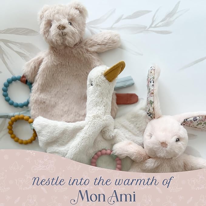 MON AMI Baldwin Bear Security Blanket with Silicone Teether | 12-Inch Plush Lovey for Babies | Soothing Sensory Snuggle Toy | Perfect Newborn Essential for Birthdays & Baby Showers