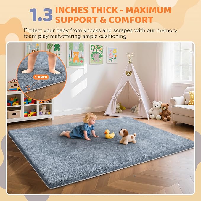 Omzer Baby Play Mat for Floor - 1.3" Thick Foam 47x47 Inch Playpen Mats with Removable & Washable Cover for Tummy Time, Soft Coral Velvet & Non-Slip Crawling Pad for Babies, Toddlers, Infants - Grey