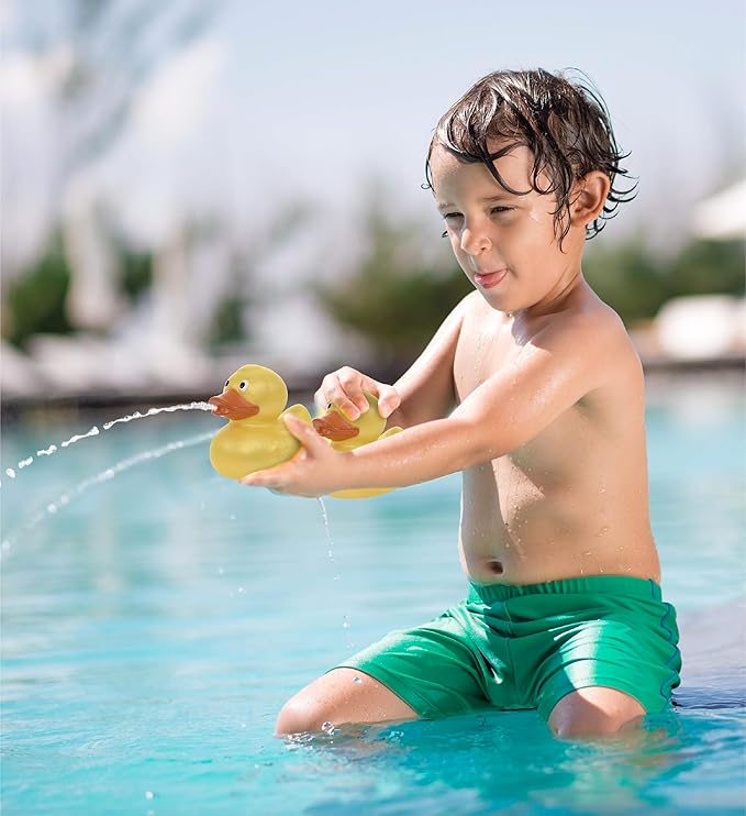 DolliBu Metallic Yellow Duck Bath Buddy Squirter - Floating Yellow Duck Rubber Bath Toy, Fun Water Squirting Bath Time Play for Toddlers, Animal Toy for Bathtub, Beach, and Pool for Girls and Boys