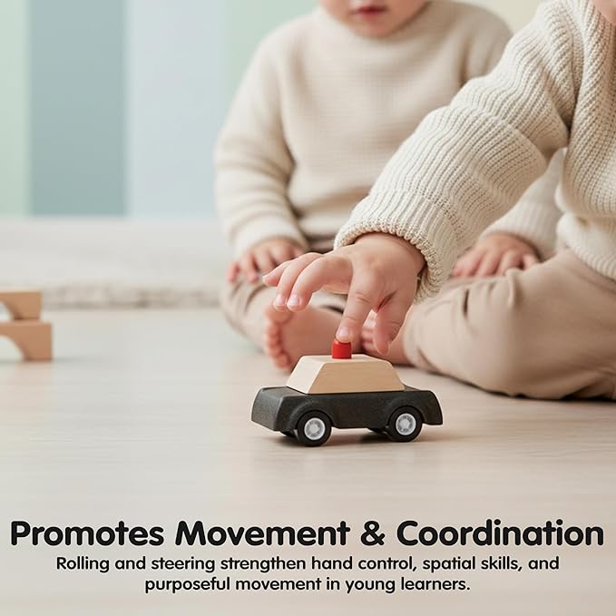 PlanToys® Police Car Wooden Montessori Vehicle Toy | Early Movement, Imagination and Practical Life Exploration | Eco Friendly Car for Indoor and Outdoor Play