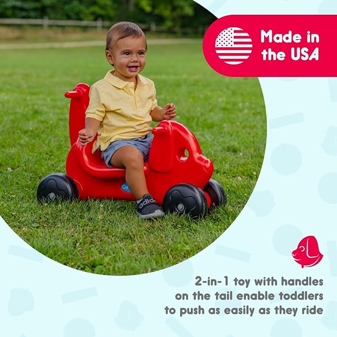 Careplay 2-in-1 Puppy Push & Ride-on Toy, Indoor & Outdoor Use, Low Profile Seat, Recommended for Children up to 50lbs, Durable Construction, Made in The USA, Red