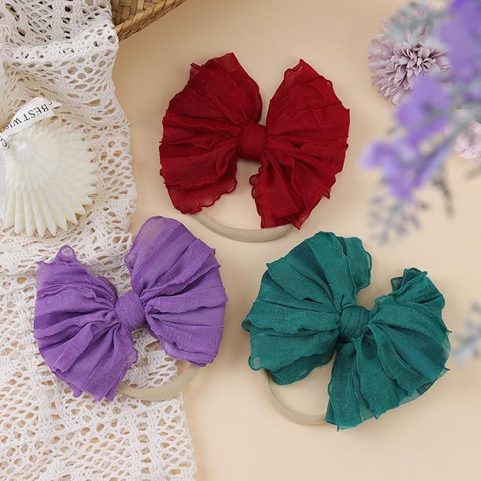 Lace Big Bows Baby Headbands Elastic Hairbands Hair Bows Children Soft Hair Accessories Newborn Infant Toddlers Wine Purple Green 3 PCS