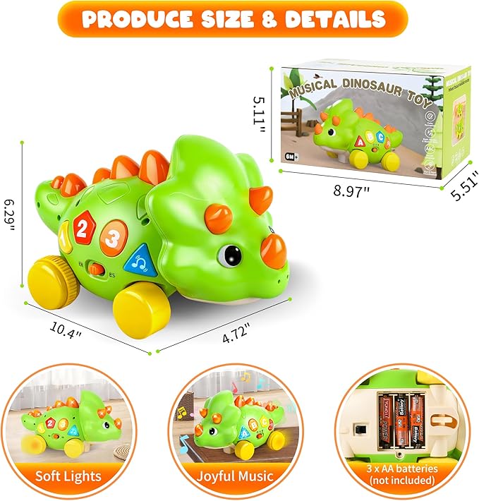 Musical Dinosaur Toys for Baby, Toddler Crawling Toys with Light & Sound, Educational Toy Birthday Gift for Infant 1 2 Year Old Boys Girls
