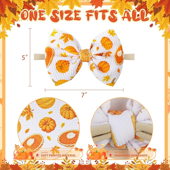 YanJie Hairband, Nylon Thanksgiving Baby Girls Headbands with 4.5in Bow, Handmade Stretch Pumpkin Hairbands Hair Bows Fall Gift for Girls Infants Toddlers Child